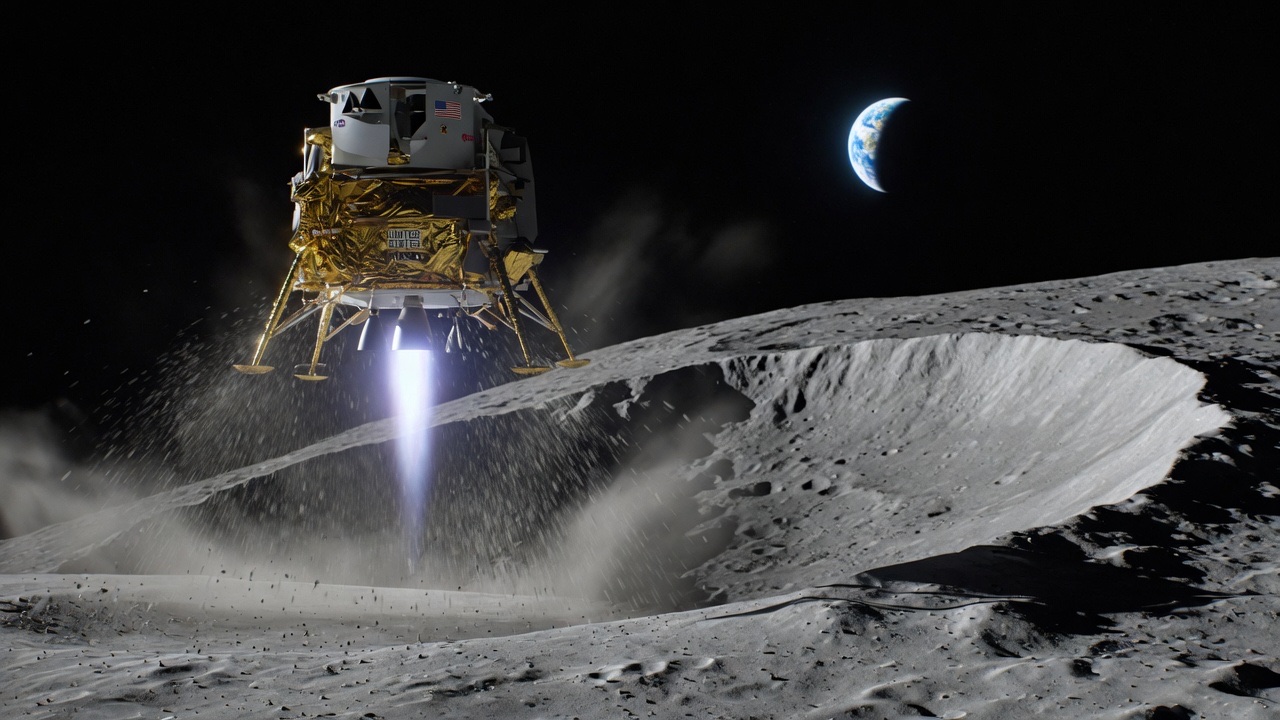 A lunar lander descending into a crater, Earth hanging in the black sky.