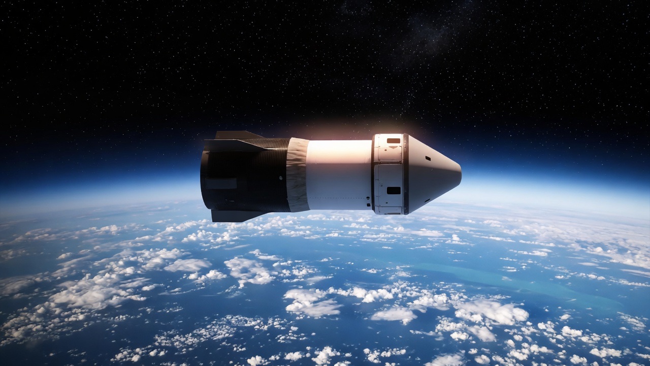 The same craft coasting in orbit over a sunlit Earth.